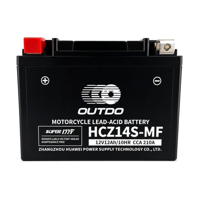 OUTDO HCZ14S-MF, bateria de moto YTZ14S vista de frente com os dois bornes