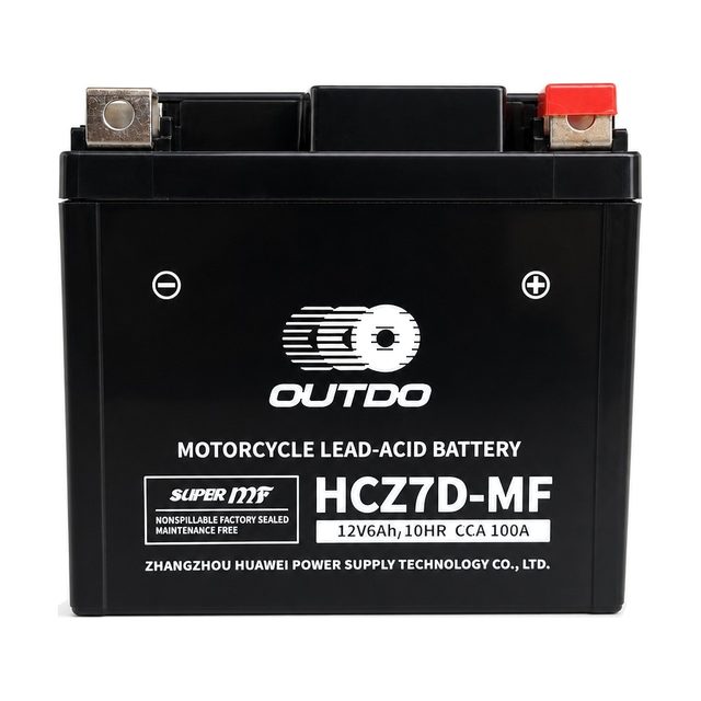 OUTDO HCZ7D-MF, bateria de moto YTZ7S vista de frente com os dois bornes