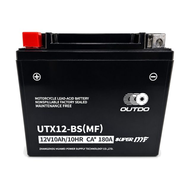 OUTDO UTX12-BS, bateria de moto YTX12-BS vista de frente com os dois bornes