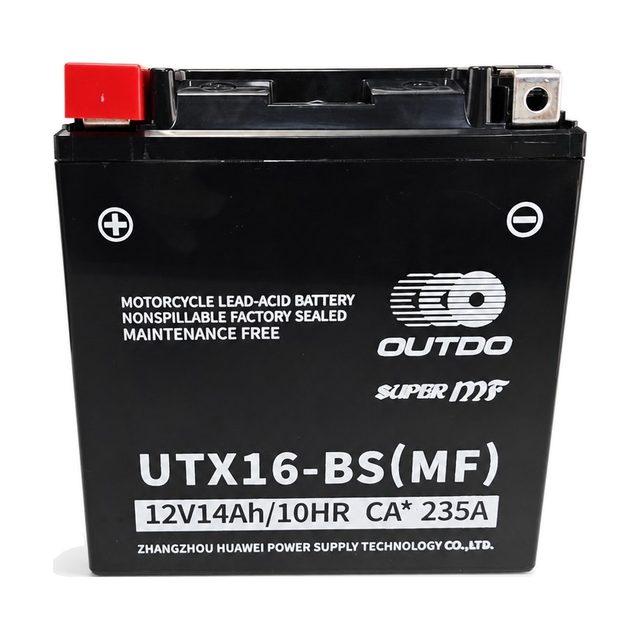 OUTDO UTX16-BS, bateria de moto YTX16-BS vista de frente com os dois bornes
