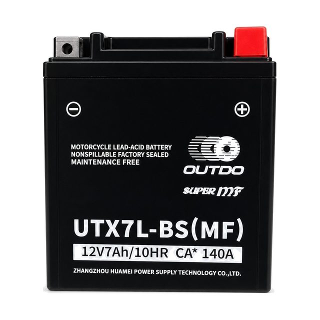 OUTDO UTX7L-BS, bateria de moto YTX7L-BS vista de frente com os dois bornes