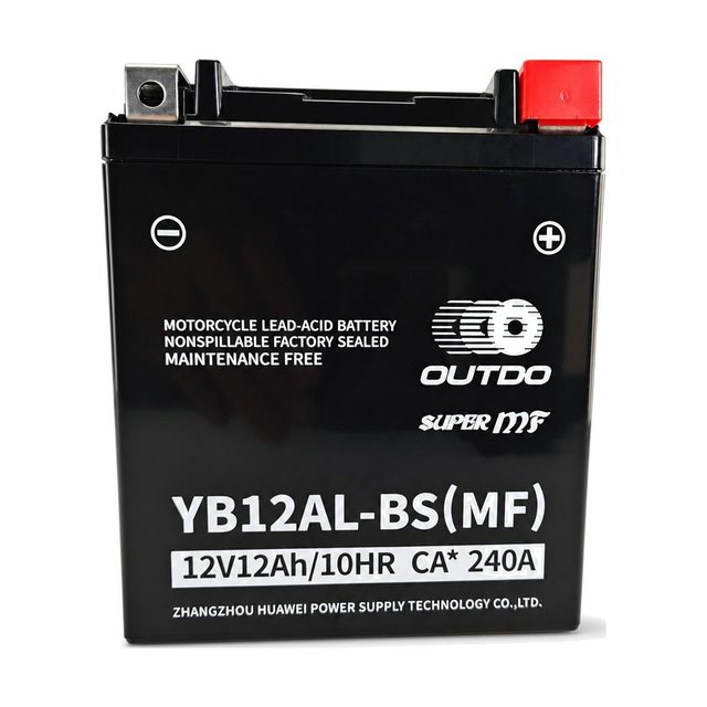 OUTDO YB12AL-BS, bateria de moto YB12AL-A2 vista de frente com os dois bornes
