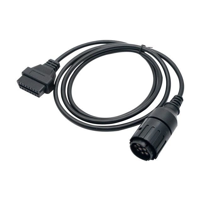 Cabo adaptador preto enrolado para moto BMW, com conector redondo de 10 pinos numa extremidade e tomada OBD2 de 16 pinos na outra