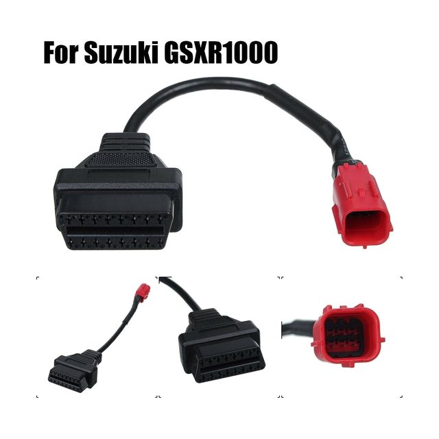 Cabo adaptador curto para moto Suzuki, com conector vermelho de 6 pinos e tomada OBD2 preta de 16 pinos