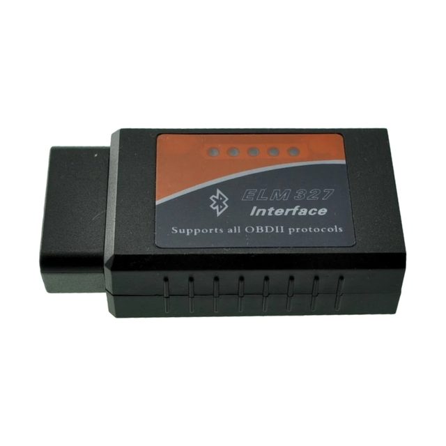 Adaptador ELM327 Bluetooth v1.5 preto, com etiqueta laranja e conector OBD2 de 16 pinos