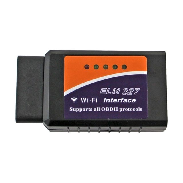 Adaptador ELM327 WiFi preto com etiqueta laranja