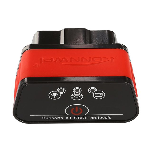 Adaptador Konnwei KW903 preto e vermelho visto de frente, com botão de ligar e três luzes