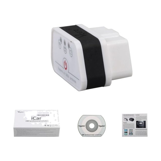 Vgate iCar2 WiFi com a caixa, o CD e o manual