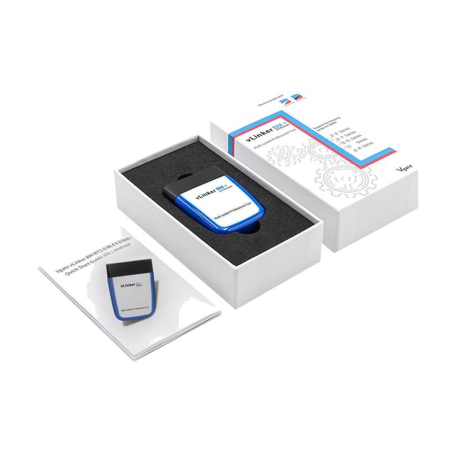 Vgate vLinker BM+ azul e branco dentro da caixa aberta, junto ao manual