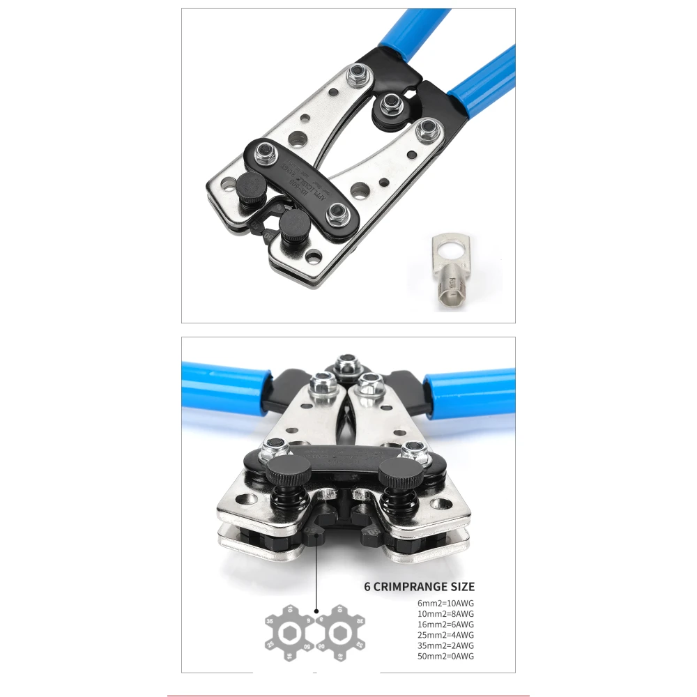 Alicate de crimpagem 6-50mm² com cabos antiderrapantes e rotação ajustável