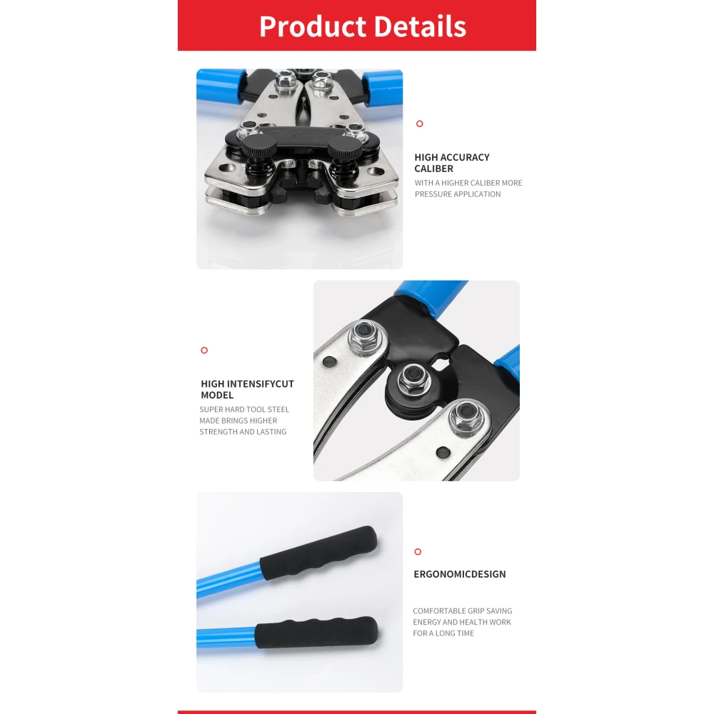 Alicate de crimpagem 6-50mm² com cabos antiderrapantes e rotação ajustável