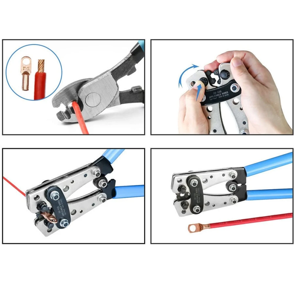 Alicate de crimpagem 6-50mm² com cabos antiderrapantes e rotação ajustável