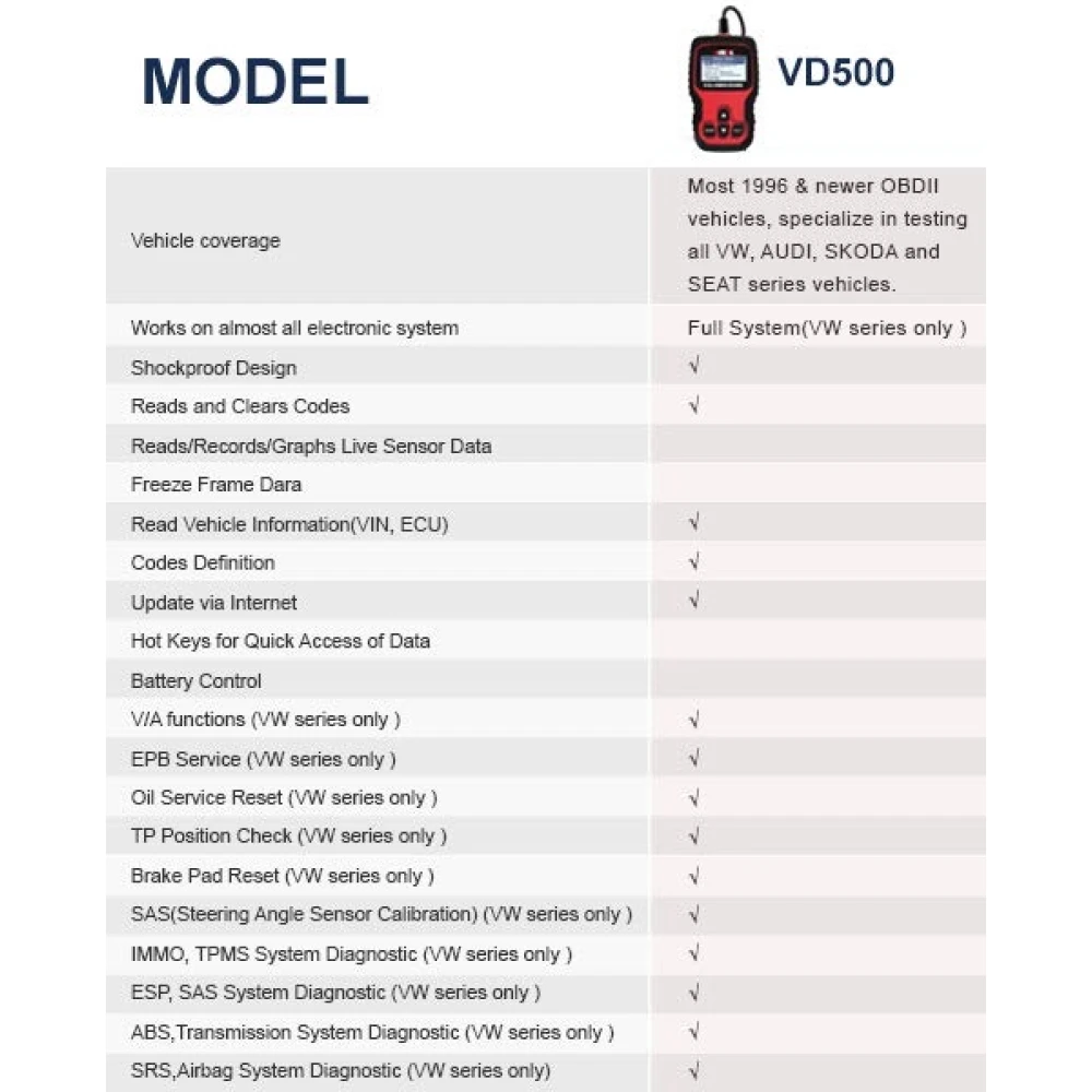 Ancel VD500 OBD2 para VW, Audi, Seat e Skoda - Leitor de Códigos