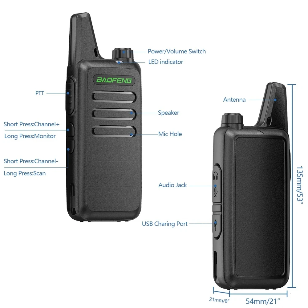 Walkie Talkie Baofeng T20 con clip para cinturón y auricular pinganillo