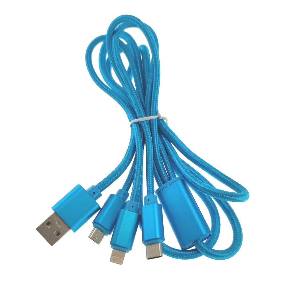Cable cargador múltiple 3 en 1 para dispositivos iOS y Android en color azul