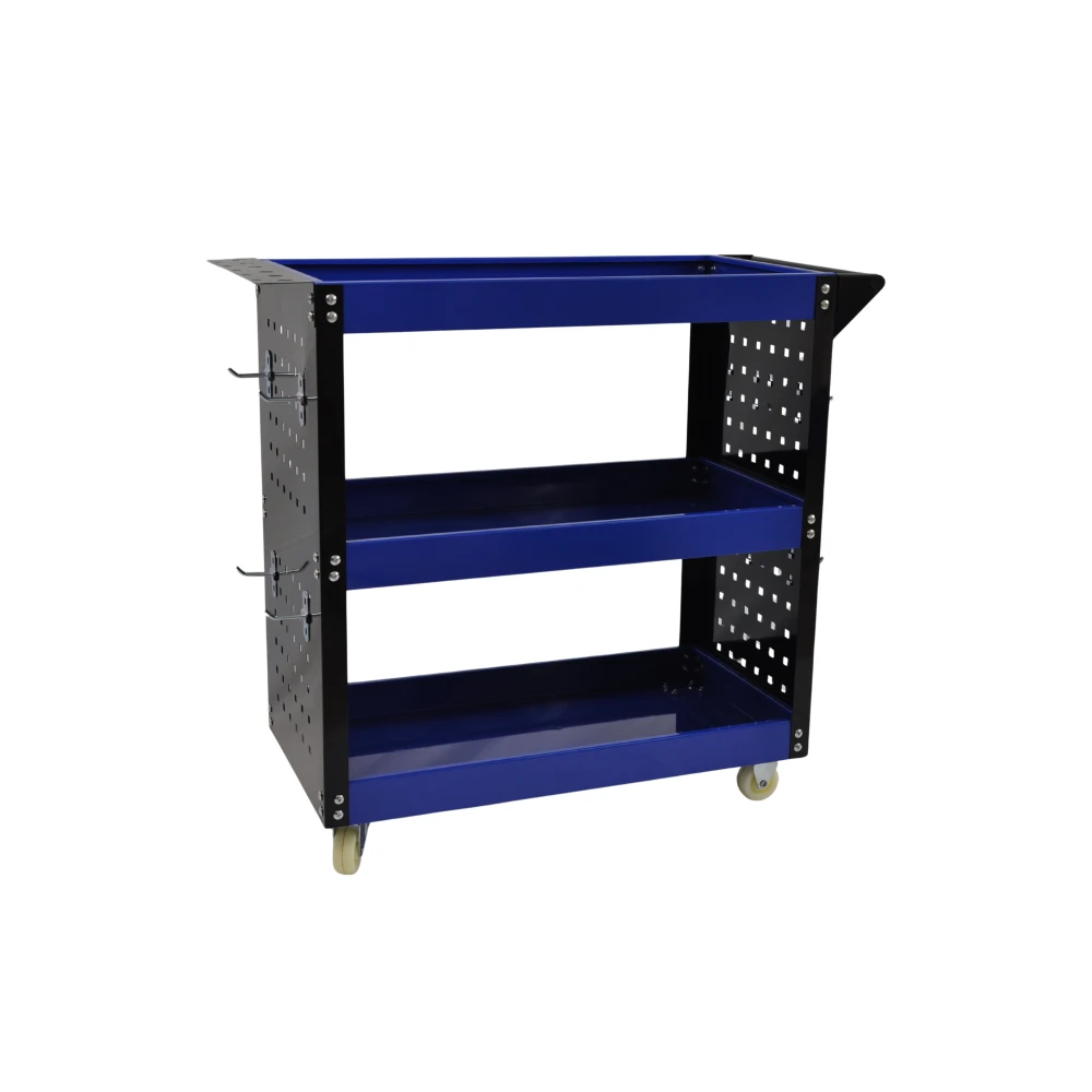 Carrinho de Oficina Profissional 3 Prateleiras com Bandejas Laterais e Ganchos para Organizar a Sua Oficina