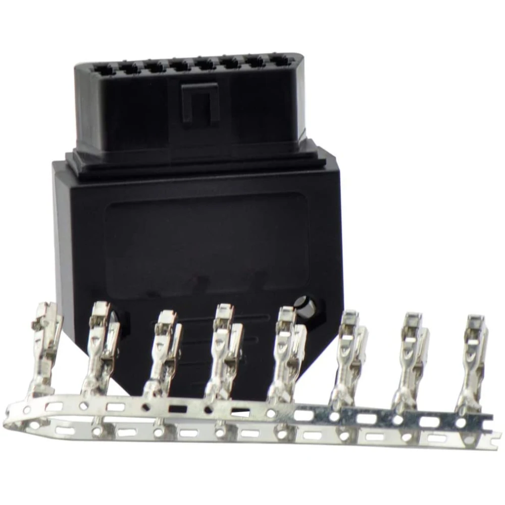 Detalle de los pines de acero del conector OBD2 hembra universal