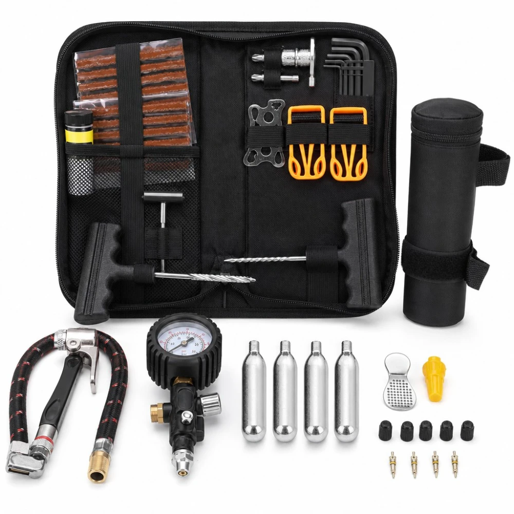 Kit Reparação Furos Pneus Moto Bicicleta 81 Peças Mechas Punção Tubeless