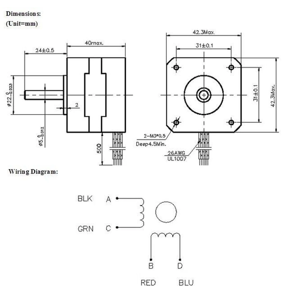 Detalle del motor Nema 17 con especificaciones para proyectos Arduino y 3D