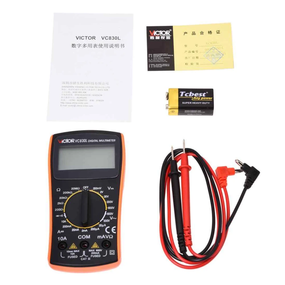 Vista frontal del multímetro digital Victor VC830L mostrando el display y selector