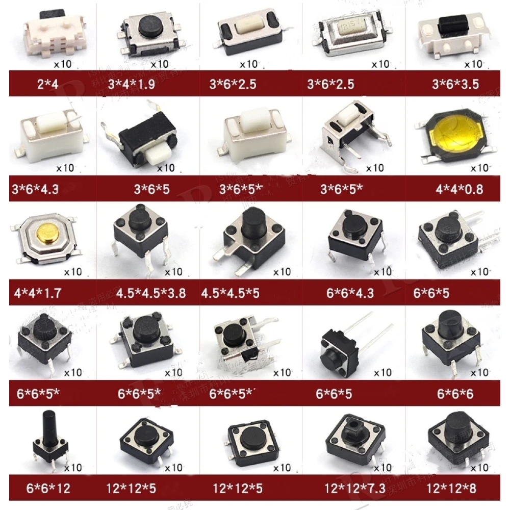 Conjunto de botões tácteis 250 peças com 25 tipos variados satkit