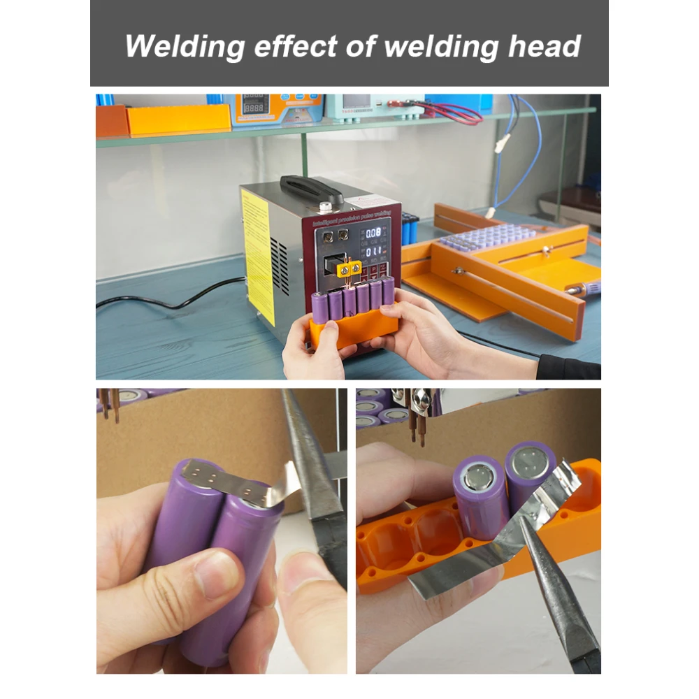 Vista frontal de la soldadora por puntos Sunkko 737DH en estación metálica