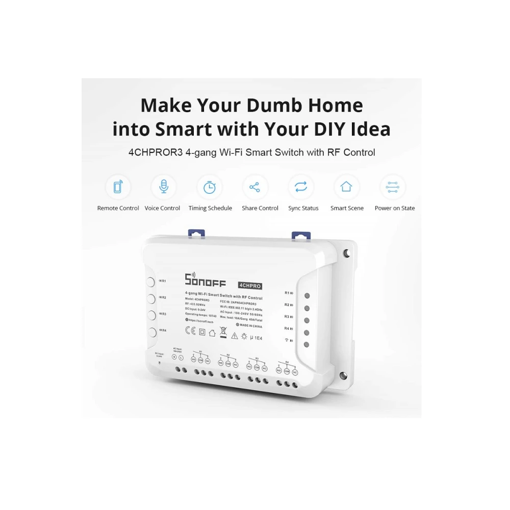 Sonoff 4CH Pro R3 Interruptor WiFi 4 Canais para Domótica Compatível com Alexa e Google Home