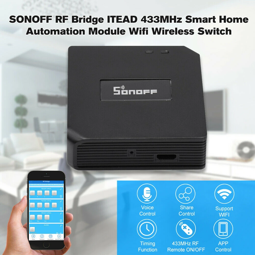 Vista frontal del Sonoff RF Bridge 433MHz Wifi para domótica