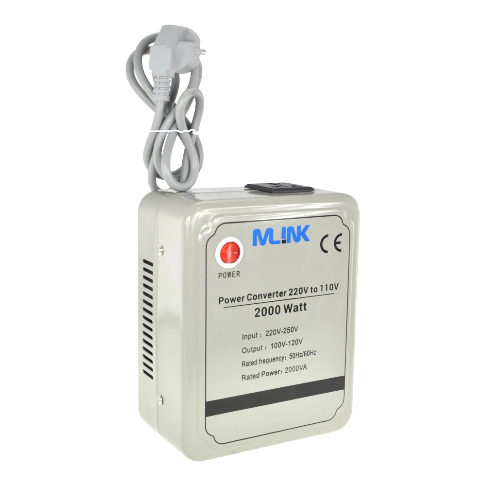 Vista lateral del transformador de corriente 220v a 110v 2000w Mlink