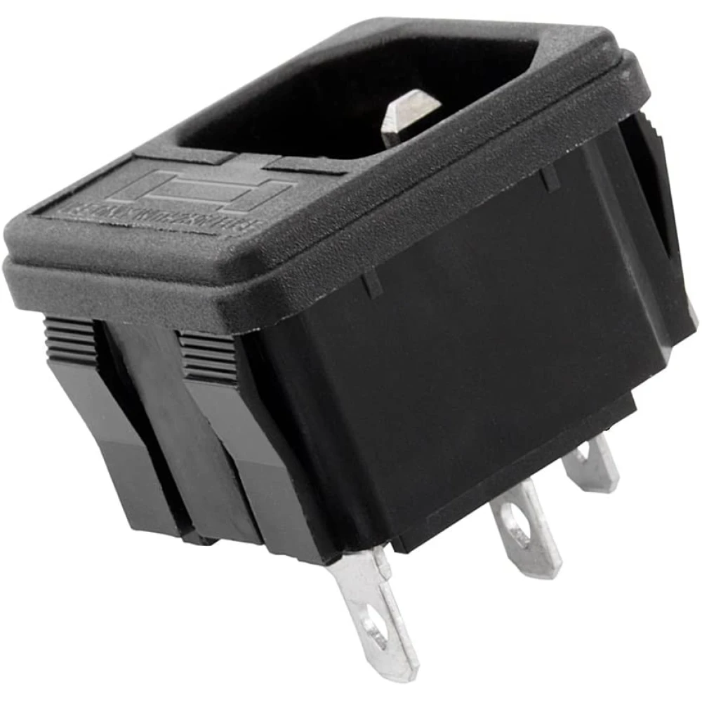 Vista frontal del zócalo de alimentación AC-02 con portafusible y terminales macho